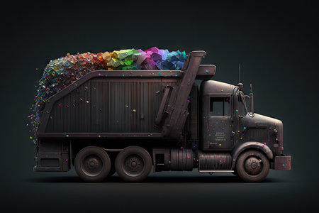 garbage truck in dark colors loaded with overflowing garbage, created with generative aiの素材