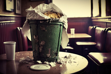 overflowing garbage bin in cafe or restaurant after dining, created with generative aiの素材