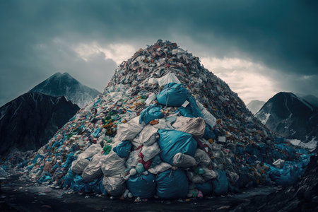 large huge mountain of plastic garbage on ground overflowing garbage, created with generative aiの素材