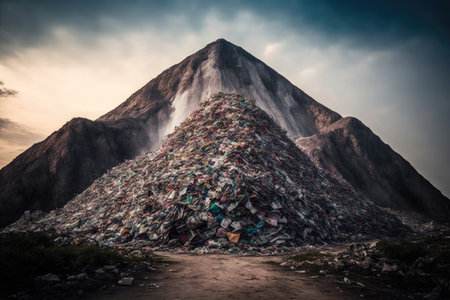 large huge mountain of plastic garbage on ground overflowing garbage, created with generative aiの素材