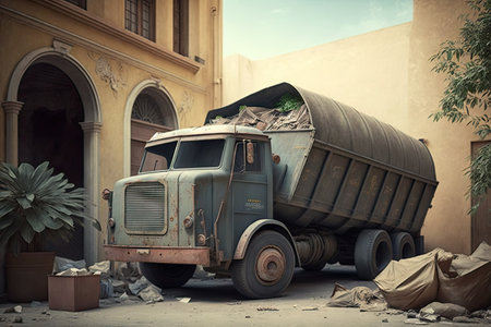 large truck with high wheels in courtyard with overflowing garbage, created with generative aiの素材