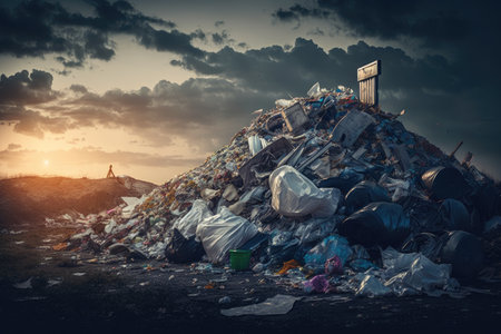 pile of plastic trash and overflowing garbage on landfill, created with generative aiの素材