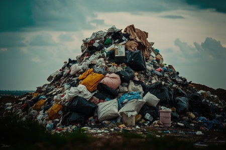 pile of plastic trash and overflowing garbage on landfill, created with generative aiの素材