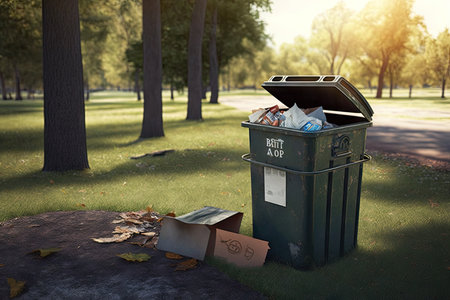 overflowing garbage bin in park with discarded packaging and rotten trash, created with generative aiの素材
