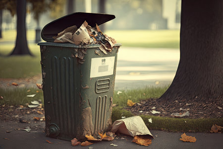 overflowing garbage bin in park with discarded packaging and rotten trash, created with generative aiの素材