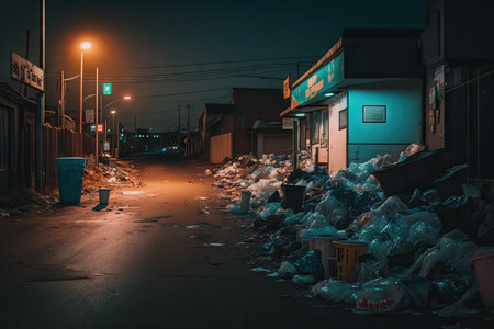 night shot of streets overflowing with garbage and litter, created with generative aiの素材