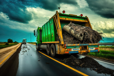 garbage truck with long collecting pipe overflowing garbage on highway, created with generative aiの素材