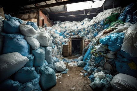 overflowing garbage dump made up of dirty plastic bags, created with generative aiの素材