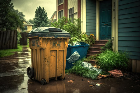 overflowing garbage bin in yard of residential house after rain, created with generative aiの素材