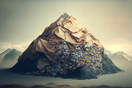 large enclosed mountain of trash in form of heap overflowing garbage, created with generative aiの素材