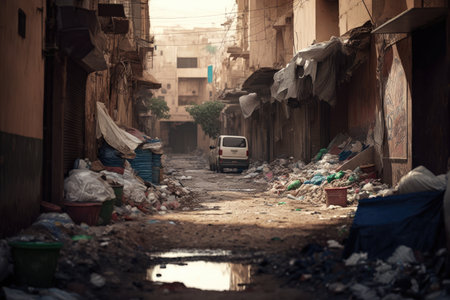 dusty dirty street littered with all kinds of waste and overflowing garbage, created with generative aiの素材