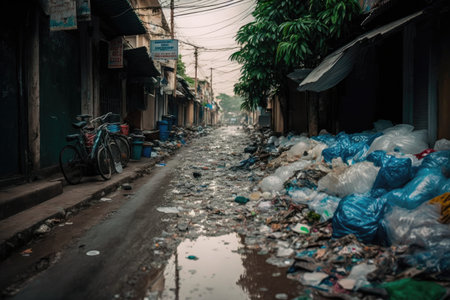 street littered with plastic waste and overflowing garbage, created with generative aiの素材