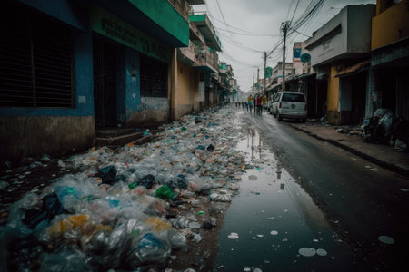 street littered with plastic waste and overflowing garbage, created with generative aiの素材