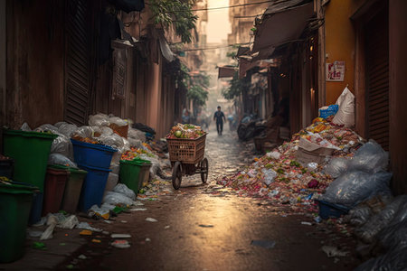street full of overflowing garbage after large food market, created with generative aiの素材