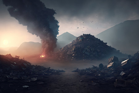 bursting with garbage overflowing garbage dump on background of smoky wasteland, created with generative aiの素材