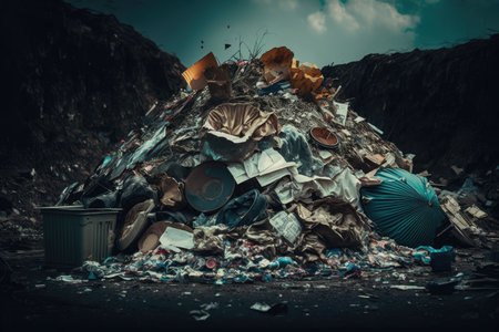 heap of plastic, paper and metal waste at dump site overflowing garbage, created with generative aiの素材