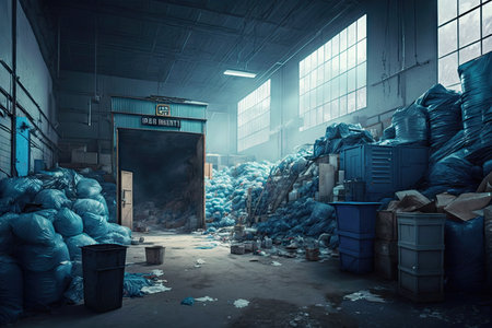blue warehouse filled with trash and overflowing garbage, created with generative aiの素材