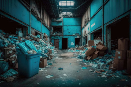 blue warehouse filled with trash and overflowing garbage, created with generative aiの素材