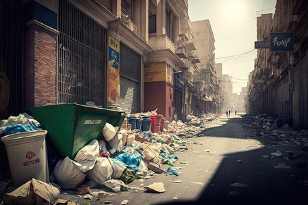 overflowing garbage and trash in streets of worlds cities on sunny day, created with generative aiの素材
