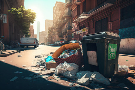 overflowing garbage and trash in streets of worlds cities on sunny day, created with generative aiの素材