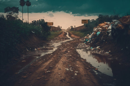 dirty mud road littered with large garbage and overflowing overflowing garbage, created with generative aiの素材