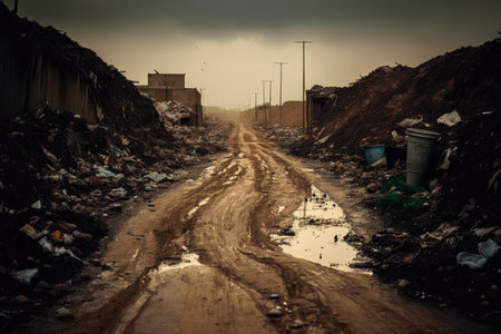 dirty mud road littered with large garbage and overflowing overflowing garbage, created with generative aiの素材