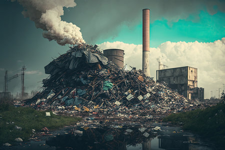 overflowing garbage heap in urban industrial district nearby chemical plant, created with generative aiの素材