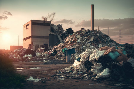 overflowing garbage heap in urban industrial district nearby chemical plant, created with generative aiの素材