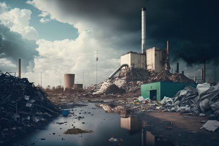 overflowing garbage heap in urban industrial district nearby chemical plant, created with generative aiの素材