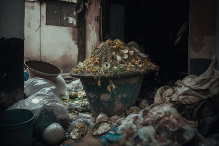 heap of decaying organic matter in dirty premises overflowing garbage, created with generative aiの素材