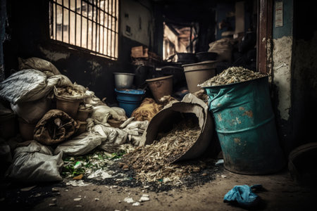heap of decaying organic matter in dirty premises overflowing garbage, created with generative aiの素材