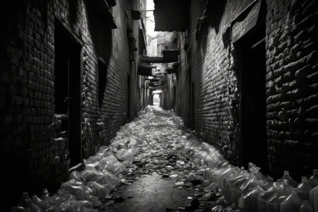 black alley littered with scattered empty plastic bottles overflowing garbage, created with generative aiの素材