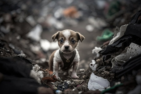runaway small dog playing in overflowing garbage dump, created with generative aiの素材