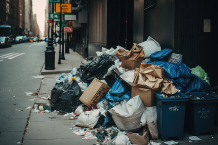 piles of trash and litter in city streets overflowing garbage, created with generative aiの素材
