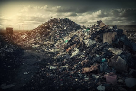 large city garbage landfill site overflowing with trash, created with generative aiの素材