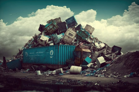 flood of garbage from containers on dump, created with generative aiの素材