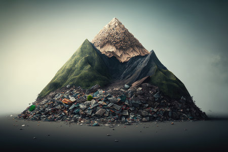 overflowing garbage in shape of small mountain on dirty ground, created with generative aiの素材