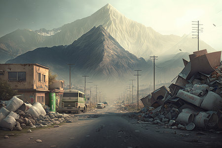 unsightly modern city with mountains of overflowing garbage, created with generative aiの素材