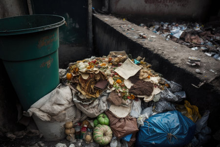 smelly garbage dump with rotting food and overflowing overflowing garbage, created with generative aiの素材