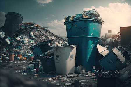 Foto de garbage piles from overfilled trash bins close-up overflowing garbage, created with generative ai - Imagen libre de derechos