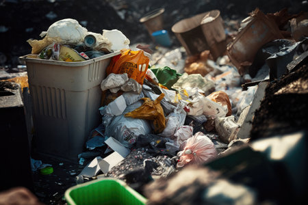 garbage piles from overfilled trash bins close-up overflowing garbage, created with generative aiの素材