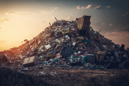 heap of trash in dirty landfill with dumped junk and overflowing garbage, created with generative aiの素材
