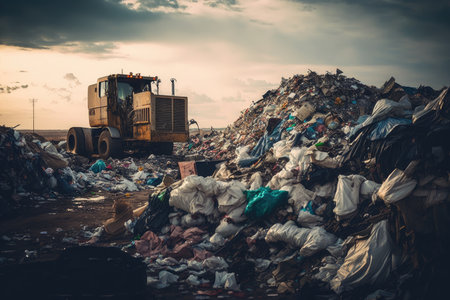 heap of trash in dirty landfill with dumped junk and overflowing garbage, created with generative aiの素材