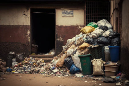 overflowing garbage from domestic waste throughout city, created with generative aiの素材