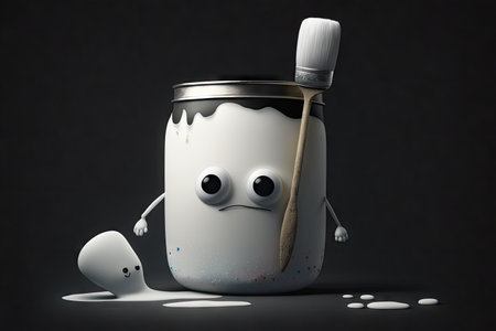 white paint can character with brush on dark background, created with generative aiの素材