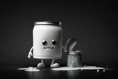 white paint can character with brush on dark background, created with generative aiの素材
