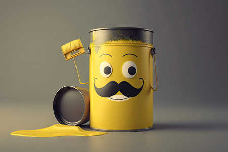 happy yellow paint can character with moustache on gray background, created with generative aiの素材
