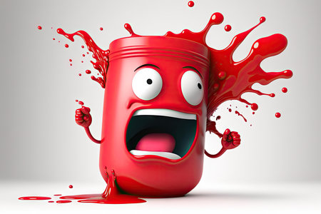 dressed in little red paint can character splash on white background, created with generative aiの素材