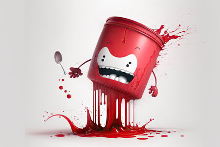 dressed in little red paint can character splash on white background, created with generative aiの素材