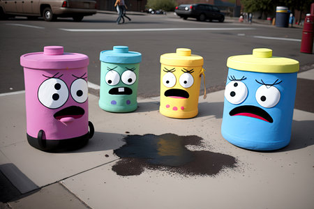 team of colorful cartoon paint can characters with faces on sidewalk, created with generative aiの素材